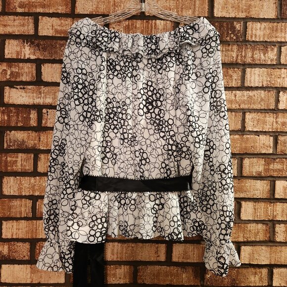 Adrianna Papell Evening Abstract Long Sleeve Ruffle Collar Belted Blouse 14 EUC - Picture 4 of 5